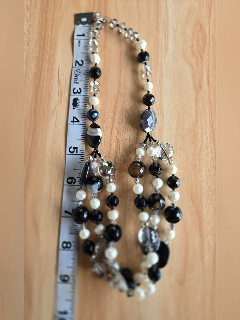 Agate Pearl Crystal Multi-Strand Black White Banded Natural Stone Bead Necklace